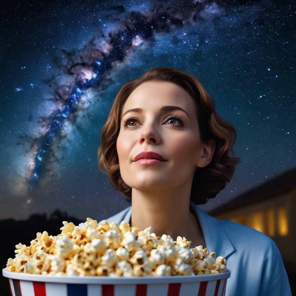 A film reel spiraling into a starry night sky, intertwining scenes of patient stories and nature, soft light illuminating faces of diverse cancer survivors, their expressions filled with hope and resilience, surrounded by iconic cinematic elements like popcorn and movie tickets. super-realistic. vibrant colors. cinematic style.