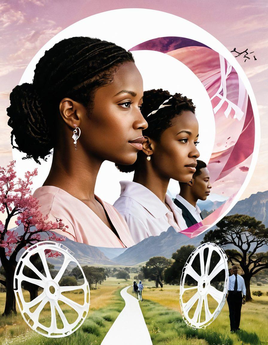 A captivating collage featuring a film reel unraveling, merging with a serene landscape symbolizing hope and healing, while soft silhouettes of diverse individuals sharing stories appear in the background. Subtle cancer awareness ribbons intertwine throughout the design, adding depth and meaning. The color palette should convey warmth and empathy, inviting the viewer in. super-realistic. vibrant colors. white background.