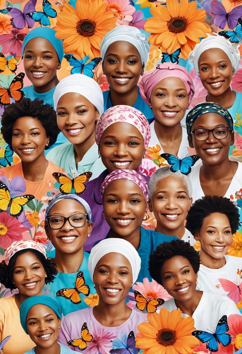 A vibrant montage showcasing diverse cancer patients sharing their stories, with expressive faces reflecting hope and resilience. Incorporate symbolic elements like butterflies and blooming flowers to represent transformation and healing. Include speech bubbles or quotes coming from the individuals, emphasizing empowerment. Use a warm color palette to create an inviting atmosphere. super-realistic. vibrant colors. soft focus.